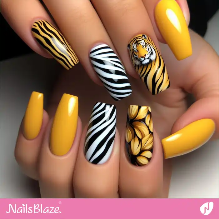 Tiger Head and Print on Zebra Pattern Nails | Animal Print Nails - NB2481